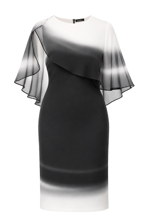 Rochie eleganta cu pelerina din organza imprimata degrade negru