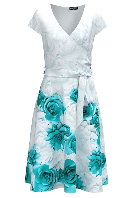 Rochie eleganta de vara cu maneca scurta imprimata cu model floral turcoaz CMD4390 - Img 2
