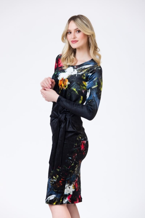 Rochie eleganta din catifea neagra cu imprimeu floral AW24 Stoc - Img 5