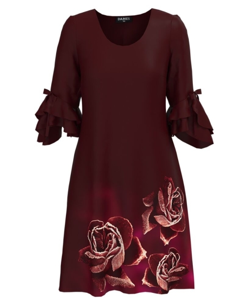 Rochie eleganta grena cu un imprimeu floral si maneci trei sferturi cu volane
