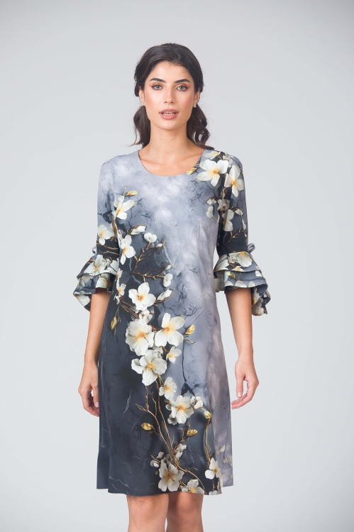 Rochie eleganta in nuante de gri cu maneci trei sferturi cu volane CMD4771 - Img 1