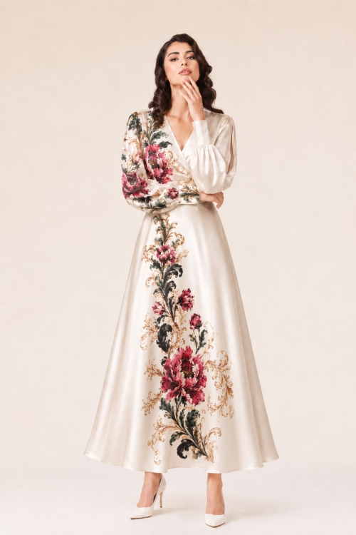 Rochie eleganta ivory din satin lucios cu efect metalizat Bujor Imperial