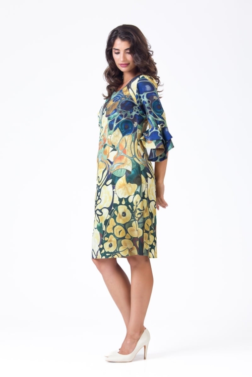 Rochie eleganta multicolora cu maneci trei sferturi decorate cu volane AW24 Stoc - Img 4