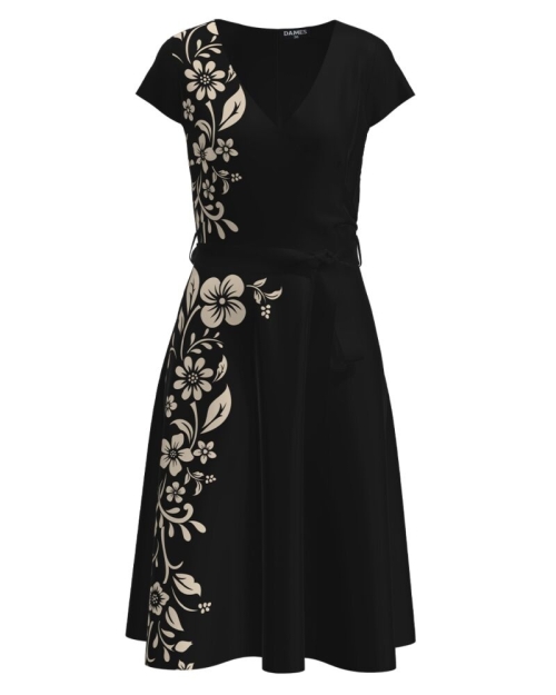 Rochie eleganta neagra de vara cu maneca scurta imprimata cu model floral SS23 - Img 1
