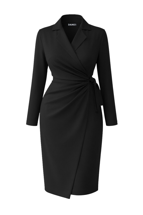 Rochie eleganta neagra parte peste parte cu talie fronsata