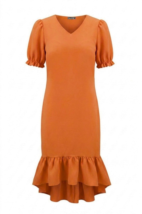 Rochie eleganta oranj cu volan asimetric la terminatie