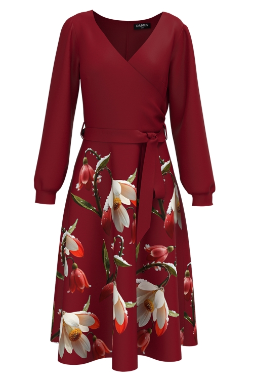 Rochie eleganta rosu inchis cu maneca lunga imprimata floral SS25