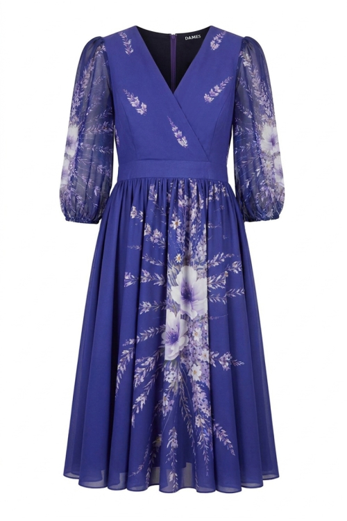 Rochie eleganta violet cu maneci bufante din organza imprimata lavanda