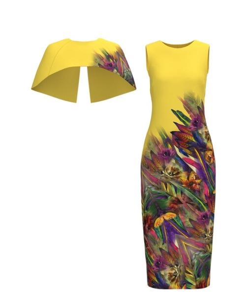 Rochie galbena lunga cu capa detasabila imprimata multicolor - Img 2