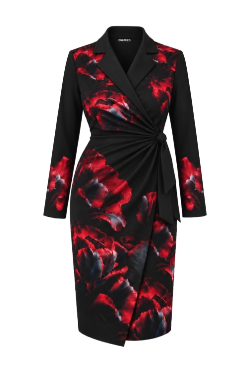 Rochie gri carbune eleganta parte peste parte imprimata Flori de Foc