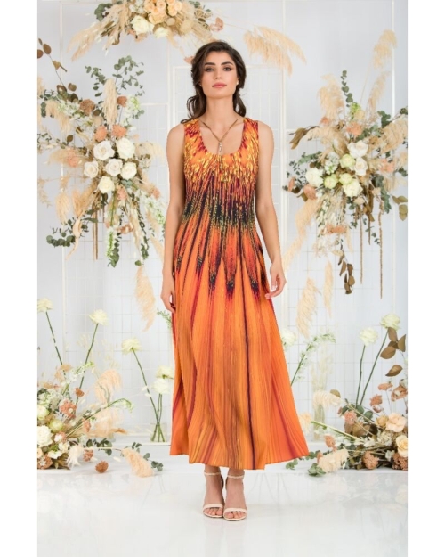 Rochie lunga casual de vara cu buzunare imprimata in nuante de ocru CMD797 - Img 1