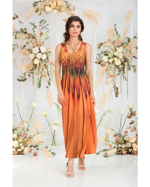 Rochie lunga casual de vara cu buzunare imprimata in nuante de ocru CMD797 - Img 5