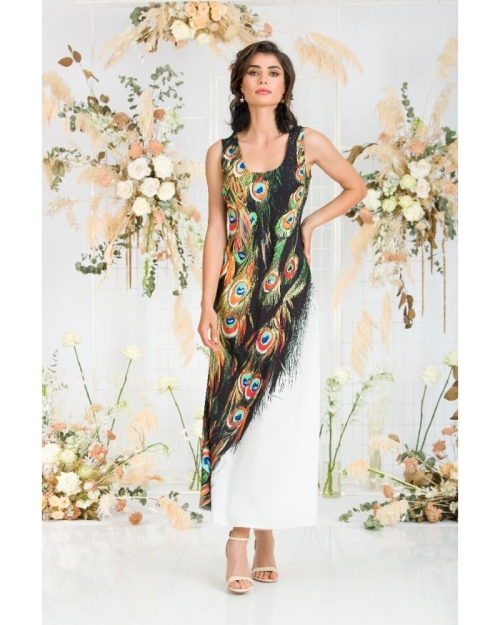 Rochie lunga casual de vara cu buzunare, multicolora imprimata cu model paun CMD805 - Img 5