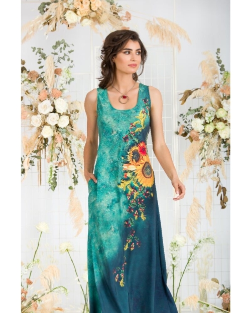 Rochie lunga casual de vara cu buzunare,verde imprimata cu model Floarea soarelui CMD802 - Img 5