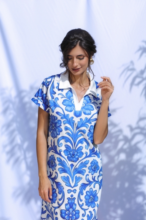Rochie lunga de vara cu buzunare imprimata albastru floral - Img 3