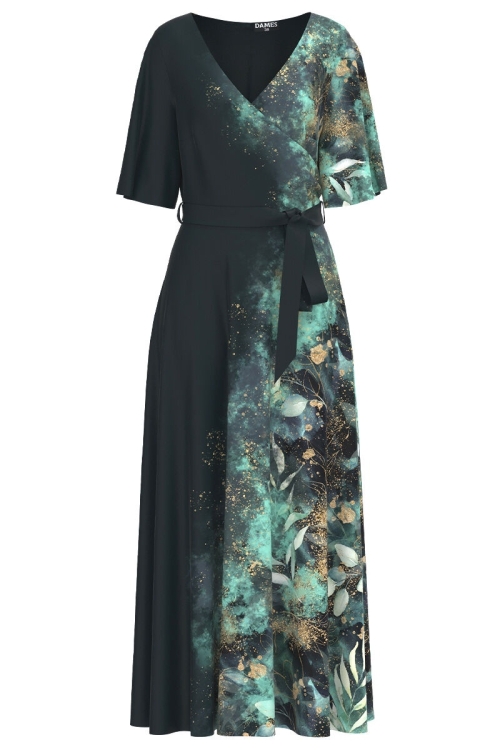 Rochie lunga eleganta de seara imprimata digital cu accente turcoaz CMD1065 - Img 2
