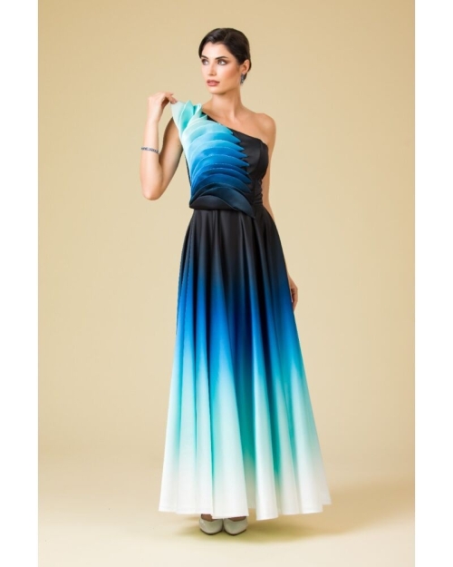Rochie lunga eleganta din satin imprimat albastru in degrade cu detalii pe bust - Img 2