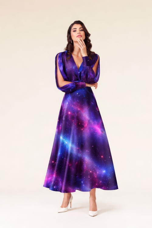 Rochie lunga eleganta din satin lucios cu efect metalizat Praf de stele