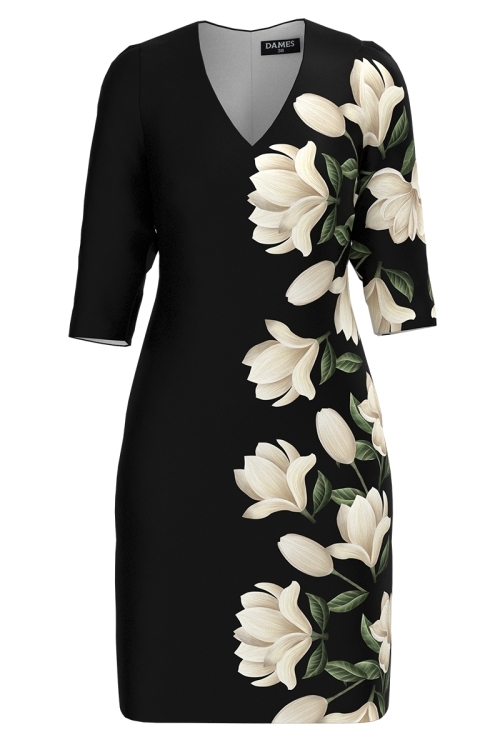 Rochie neagra casual cu decolteu in V imprimata floral