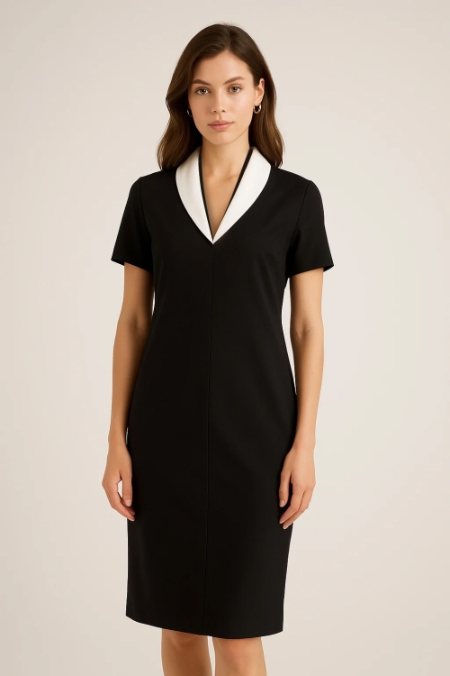 Rochie neagra casual din vascoza elastica cu gulerul in contrast