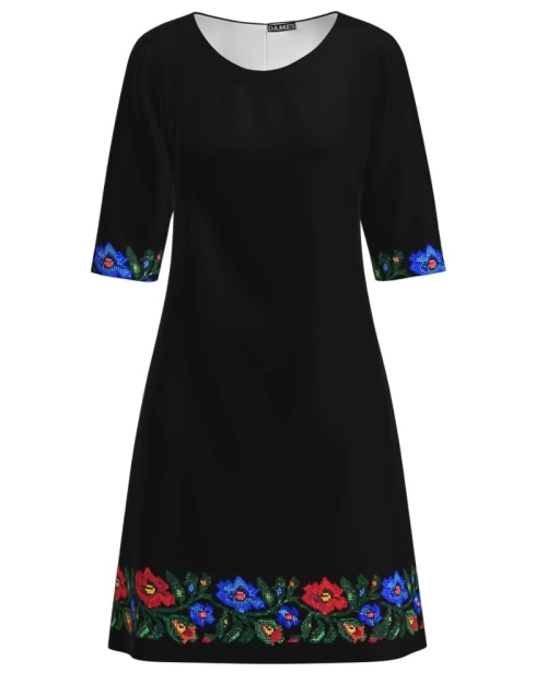 Rochie neagra casual imprimata cu model floral traditional CMD3444