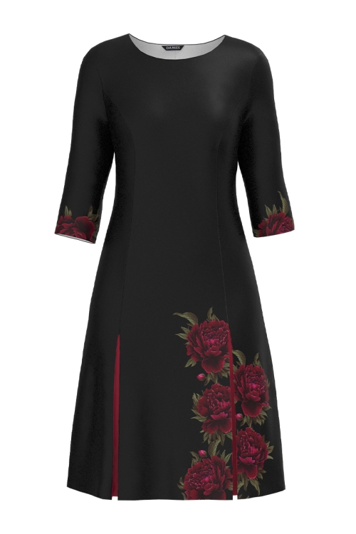 Rochie neagra cu pliuri imprimata Bujori