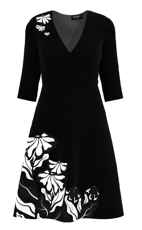 Rochie neagra eleganta cu bust petrecut imprimata floral in contrast