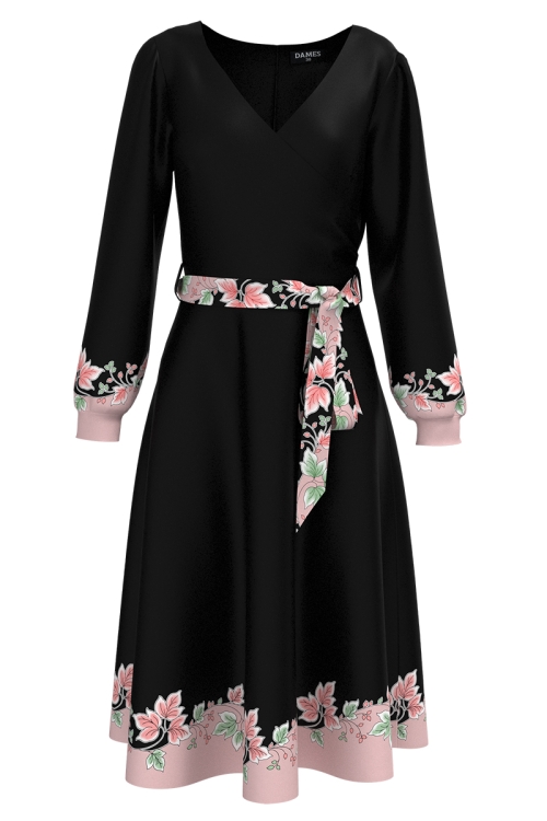 Rochie neagra eleganta cu maneca lunga imprimata floral