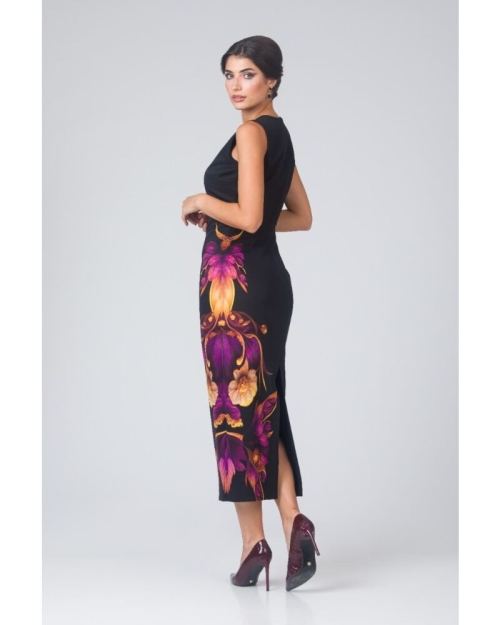 Rochie neagra lunga cu capa detasabila imprimata floral CMD4860 - Img 3
