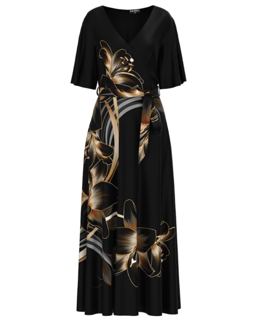 Rochie neagra lunga eleganta de seara imprimata digital cu model Crini CMD1066 - Img 1