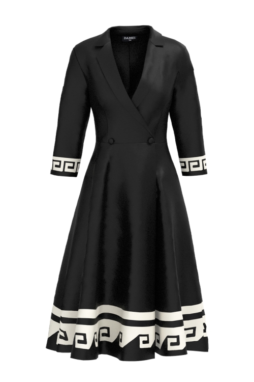 Rochie neagra tip pardesiu petrecuta cu imprimeu aztec