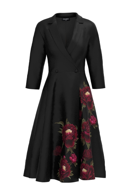 Rochie neagra tip pardesiu petrecuta cu imprimeu bujori