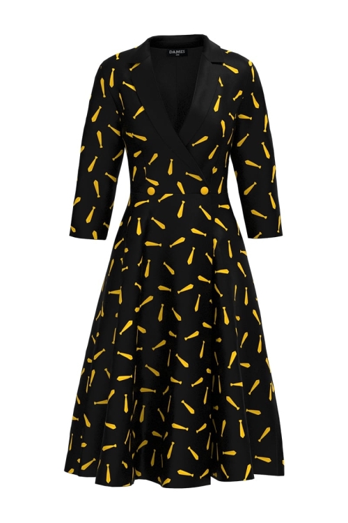 Rochie neagra tip pardesiu petrecuta cu imprimeu Cravata Stoc