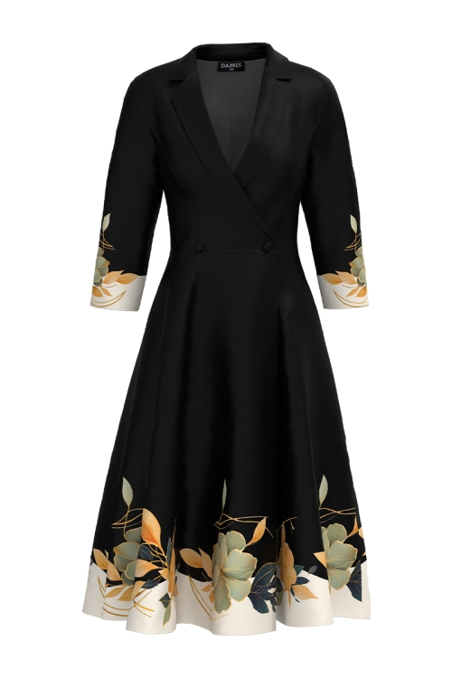 Rochie neagra tip pardesiu petrecuta cu imprimeu floral Camelii