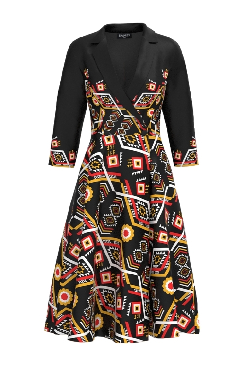 Rochie neagra tip pardesiu petrecuta cu imprimeu traditional