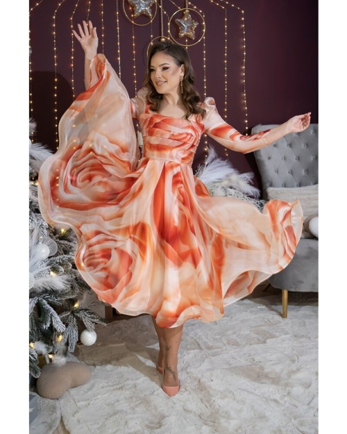 Rochie Peach Fuzz eleganta din organza cu imprimeu abstract CMD5014 - Img 1