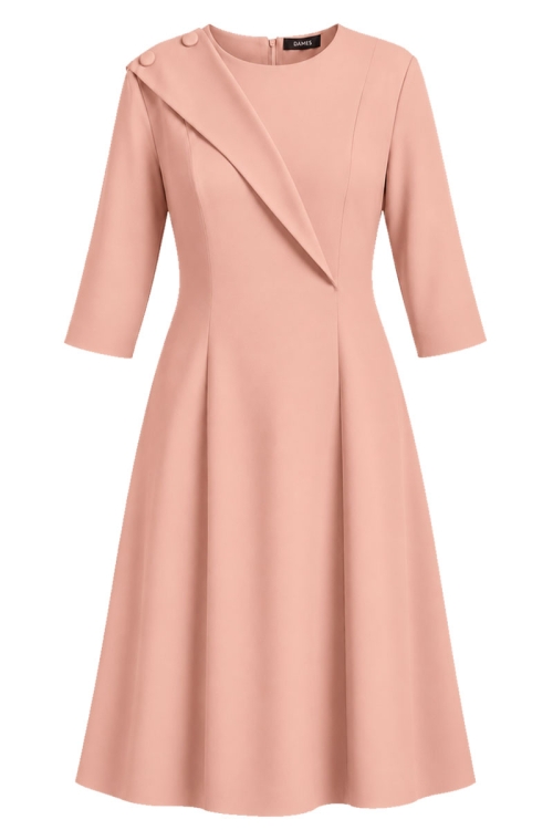 Rochie piersica in clini cu detaliu asimetric pe bust