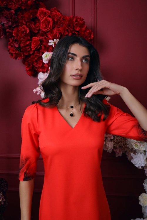 Rochie rosie casual cu decolteu in V imprimata floral SS25 Stoc - Img 2