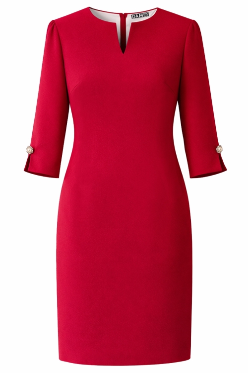 Rochie rosie cu maneci accesorizate cu nasture bijuterie