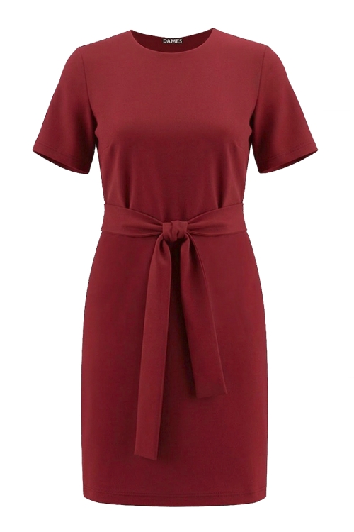 Rochie rosie de vara cu maneca scurta si cordon in talie