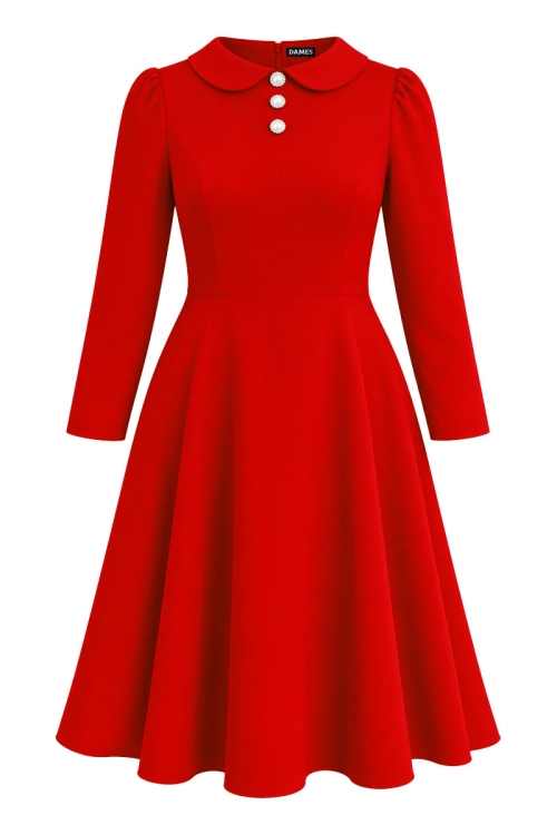Rochie rosie semiclos cu guler rotund si maneci lungi