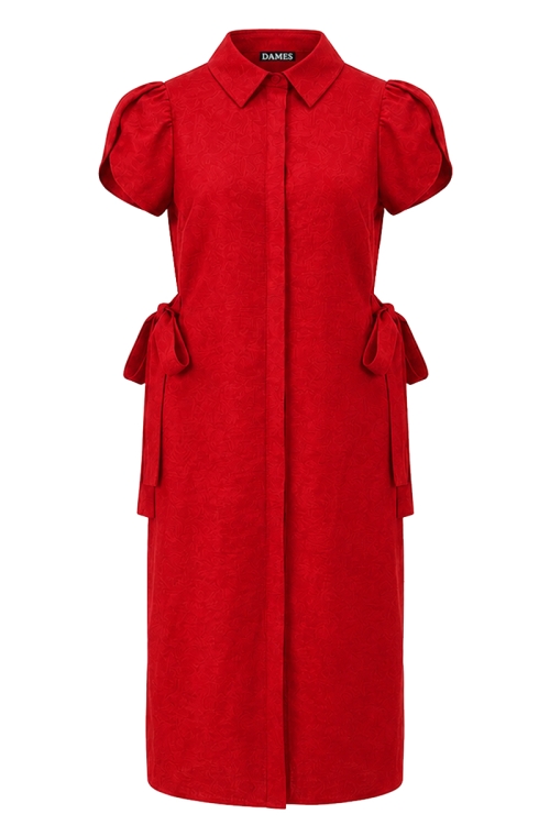 Rochie rosie tip camasa din vascoza cu cordoane laterale