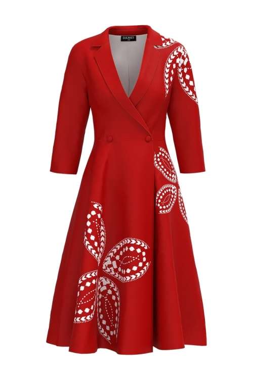 Rochie rosie tip pardesiu petrecuta cu imprimeu Traditional Stoc