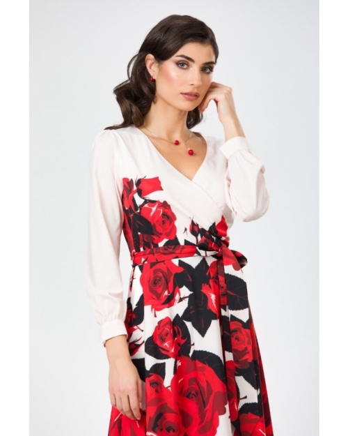 Rochie roz pal eleganta cu maneca lunga imprimata trandafiri - Img 3