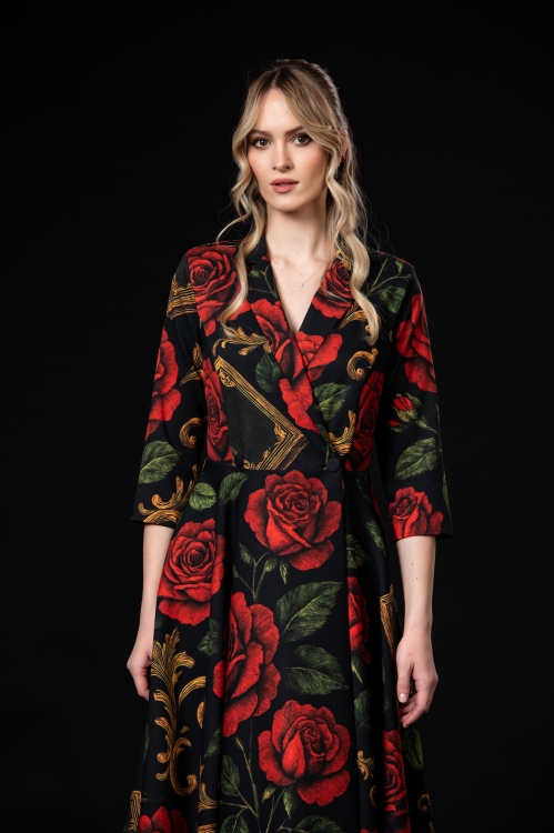 Rochie tip pardesiu imprimata Noir Rose