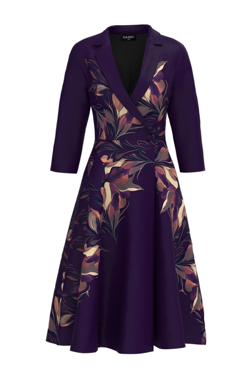 Rochie tip pardesiu petrecuta mov cu imprimeu floral si buzunare
