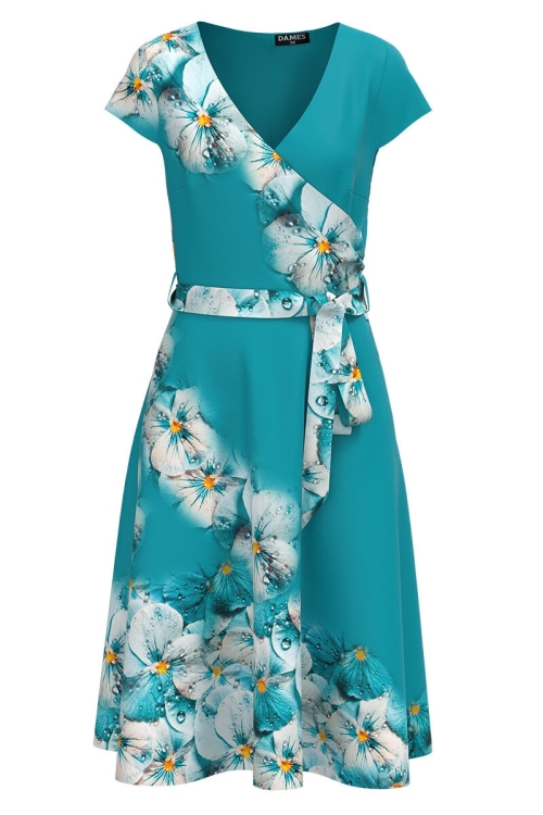 Rochie turcoaz de vara cu maneca scurta imprimata cu model Floral CMD2913 - Img 2