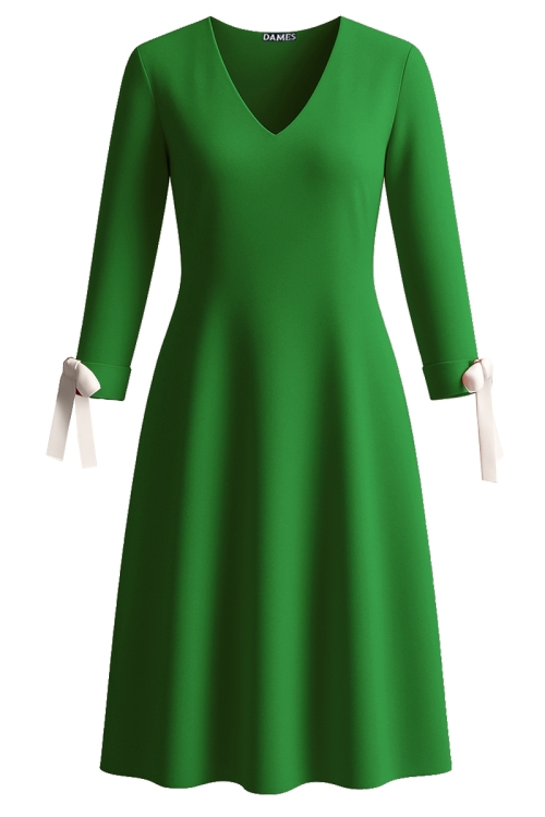 Rochie verde cu decolteu in V si maneci 3/4 cu fundite