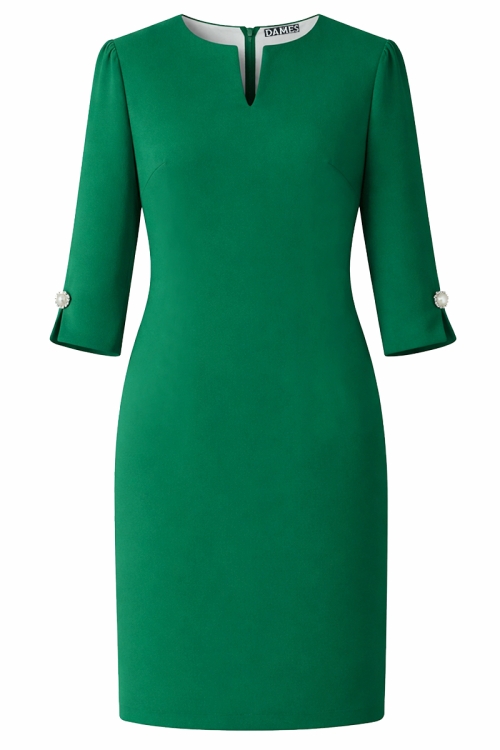 Rochie verde cu maneci accesorizate cu nasture bijuterie