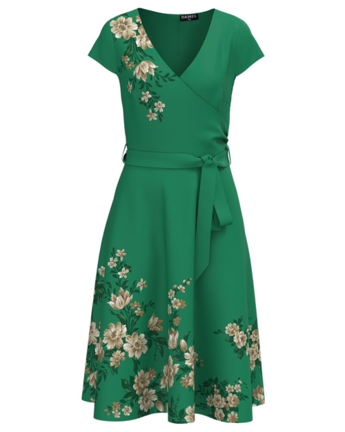 Rochie verde de vara cu maneca scurta imprimata cu model floral